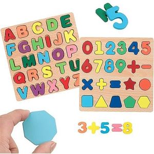 TLHWIN Houten alfabet puzzel speelgoed, 2 stuks kleurrijk alfabet ABC letters cijfers vormgeven dikke houten puzzelblokken, educatief speelgoed cadeau voor peuters en kleuters
