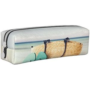 TOMPPY Handtas Zee Zomer Zeester Zand Bril Gedrukt Etui Lederen Potlood Pouch Draagbare Briefpapier Organizer Potlood Houder Make-up Tas Met Ritssluiting, Handtas Zee Zomer Zeester Zand Glazen, Eén