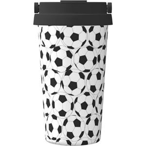 Zwart-wit voetbal bal patroon print geïsoleerde koffiemok Tumbler, 500 ml reizen koffiemok, voor reizen, kantoor, auto, feest, camping