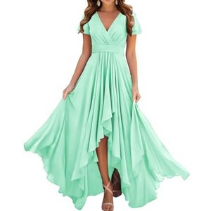 Prinses Bruidsmeisjes Jurken Flutter Mouw Galajurken Chiffon Formele Avondfeest Maxi Jurk met Split ZM209, mintgroen, 32