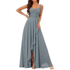 Chiffon bruidsmeisjesjurken voor dames, met split, lange baljurken, cocktailjurken, grote maten, Dusty Blauw, 32