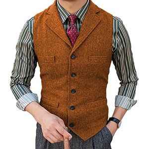 Tweed herenpak Vest Visgraat Notch Revers Retro wollen gilet Casual Kleedt slank af(Large, Oranje)