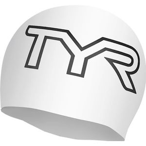 TYR Adult Wrinkle Free Silicone Swim Cap, White/Logo