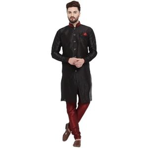 Lakkar Haveli Mannen Indiase traditionele Shirt Kurta Big Tall Pyjama Pant Set Zwart Zijde, Zwart, XXL