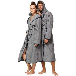 Sowel® Badjas voor dames en heren, 100% biologisch katoen, extra lang met capuchon, ochtendjas, wollig, badstof, grijs/marineblauw, L