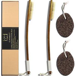 ICANdOIT Antislip badborstel met lange steel, gebogen handvat doucheborstel voor exfoliëren, natuurlijke varkenshaar schrobber met normale sterkte voor ruggebruik, nat of droog (2 stuks)