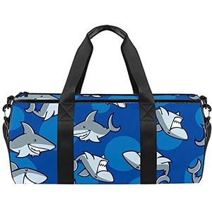 Reizen Beach Bags, Grote Sport Gym Overnight Duffle Cartoon Shark Patroon Blauwe Achtergrond Print Schoudertas met Droge Natte Pocket