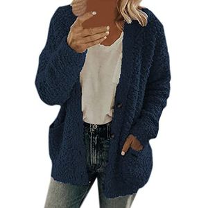 HaicoM Kitted vest voor vrouwen met knopen herfst winter jersey vest dames zakken V-hals lange mouwen bovenkleding dames casual losse warme plus size pluche trui vest jas, Donkerblauw, XL