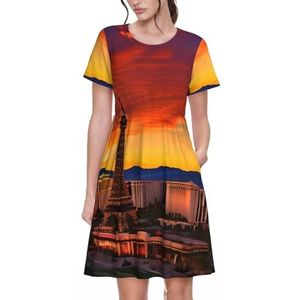 Las Vegas Zonsondergang Print Dagelijks Dragen Vrouwen Jurken Casual Zomer Jurk met Korte Mouwen Ronde hals Zakken, Zwart, S