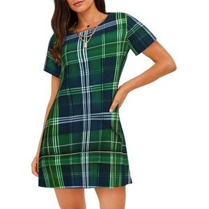 Yyoretp Blauwe Schotse tartan print dames katoenen nachthemd korte mouwen nachtkleding casual nachthemd comfortabele pyjama, Zwart, M