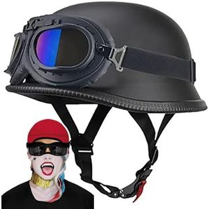 Retro Duitse motorhelm, halve stijl, veiligheidshelm voor motorfiets met bril, vintage helm, voor heren, ECE- / DOT-goedkeuring (kleur: I, maat: XL (61-62 cm)