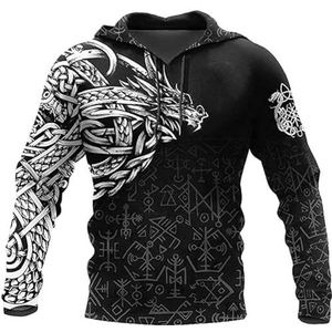 Nordic Dragon hoodie Voor Heren met Ronde Hals, 3D-geprint Viking Runes Casual Harajuku Trui met Rits, Los Sweatshirt met Lange Mouwen en Lente en Herfst met Trekkoord(Color:Pullover Hoodie,Size:L)