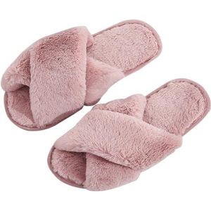 Comfortabele platte slipper voor thuis heren dames crossband herbruikbare, lichtgewicht zachte glijbanen pluizige pantoffels, open teen antislip harige, roze, One Size
