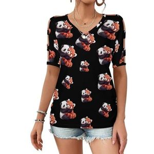 Leuke Panda Knuffelende Rode Panda Vrouwen Casual Top Korte Mouw Tee Off Shoulder Tops Vakantie T-shirt Zomer Blouses