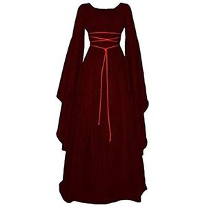 Womens retro renaissance middeleeuwse kostuum avondfeest dragen cosplay lange maxi jurk, wijnrood, M