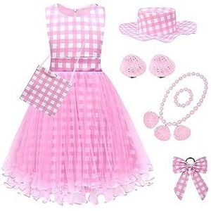 SETHOUS Meisjesjurk Barbie Film 2023 Verkleed kostuum bandjes roze geruite rok accessoires outfit verjaardagscadeau