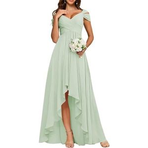HPPEE Chiffon bruidsmeisjesjurken met split geplooide off-shoulder avondjurk voor dames, Sage Groen, 50 grote maten