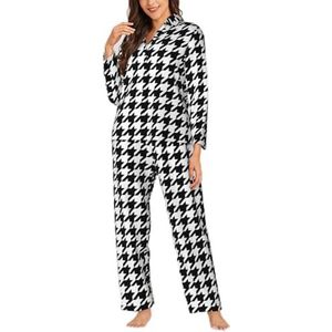 Yyoretp Dames pied-de-poule pyjama met zwarte print en lange mouwen, button-down, 2-delige pyjama met zakken, warme nachtkleding, Zwart, M
