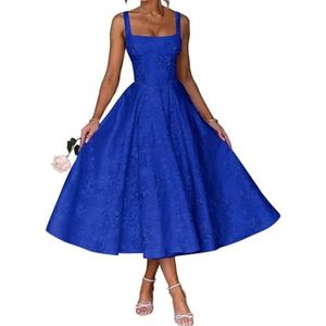 AHERKLL Spaghetti Bandjes Bruidsmeisjes Jurken Bloemen Satijn Jacquard Formele Avond Feest Maxi Jurk Thee Lengte HAH047, koningsblauw, 32