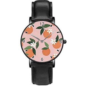 Tropische Sinaasappelen Bloemen Vruchten Op Roze Blad Klassieke Patroon Horloges Persoonlijkheid Business Casual Horloges Mannen Vrouwen Quartz Analoge Horloges, Zwart