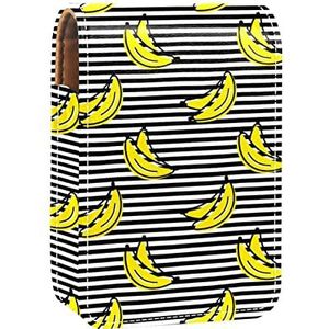 Banana Stripe Draagbare Lipstick Case voor op reis, Mini Lipstick Opbergdoos met spiegel voor dames dames, Lederen cosmetische etui, Meerkleurig, 9.5x2x7 cm/3.7x0.8x2.7 in