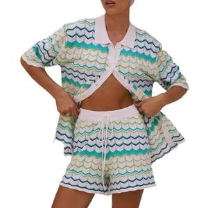 GKEIOSHQIL Dames Gebreide Shorts Set 2-delige Outfits Gestreepte Kleurblok Korte Mouw Button Down Shirt En Shorts Set,Blauw,L