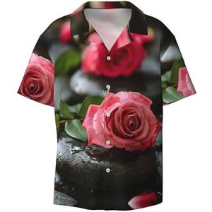 OdDdot Spa Stone and Rose Bloemen Print Heren Button Down Shirt Korte Mouw Casual Shirt voor Mannen Zomer Business Casual Jurk Shirt, Zwart, 4XL