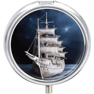 Ronde pillendoos in vintage-stijl, nautisch schip, draagbaar, 23 vakken, medicijnen, metaal, tablethouder, vitamine-houder voor portemonnee, tas