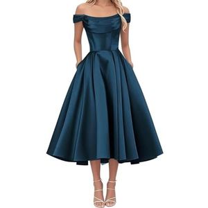 AHERKLL Thee Lengte Bruidsmeisjes Jurken voor Junioren Off Shoulder Satijn Avond Cocktail Party Maxi Jurk met Zak HAH050, Turkoois, 44