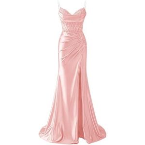 YIANN Satijnen baljurk met spaghettibandjes voor dames, met split, kant, applicatie, zeemeermin, lange baljurk, formele jurk, Blush Roze, 32