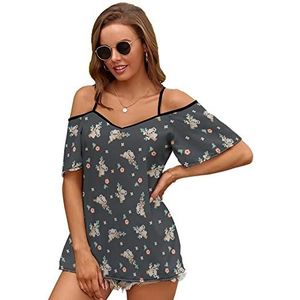 Leuke Cartoon Koala Bloemen Vrouwen Blouse Koude Schouder Korte Mouw Jurk Tops T-shirts Casual Tee Shirt S