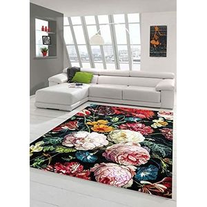 Vloerkleed, bloemen, woonkamer, tapijt, boeket bloemen, in zwart, crème, rood, maat 120x170 cm