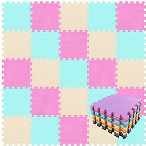 qqpp Speelmat, zacht, EVA-schuim, voor baby's, voor op de grond, puzzelstukken, draagbaar, opvouwbaar, 25 tegels (30 x 30 x 1 cm), roze, groen en beige QQC-CHJb25N