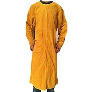 Lederen lasser laskleding vlam vertragende algehele siam laskleppen lassen schort vloeistof metaal beschermingspak(Yellow Round collar,L)