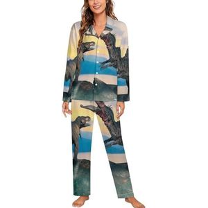 3D Prehistorische Dinosaurus Vrouwen Lange Mouw Button Down Nachtkleding Zachte Nachtkleding Lounge Pyjama Set 2XL