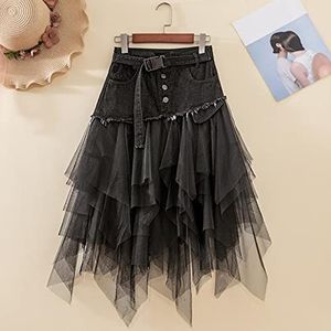 Asymmetrische Denim Jeans Tule Rokken Vrouwen Hoge Taille Lange Mesh Geplooide Midi Gothic Rok Met Zakken Riem