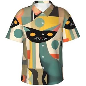 ERSDWRE Mid-Century Moderne Kunst Kat Print Heren Korte Mouw Button-Down Shirts Casual Zomer Strand Shirts Hawaii Shirt voor Mannen, Zwart, S