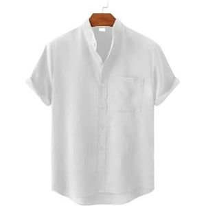 Linen Shirts Men Men'S Stand Up Collar, Solid Color, Short Sleeved Casual Pullover, Seasonal Shirt-White-L