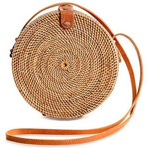 Novum Crafts Ronde rotan tas voor dames - handgemaakte strotassen - rieten portemonnee - bruin wit cirkel crossbody boho tassen, Bruin Medium, Diameter: 7 3/4” (20 cm), Minimaal