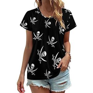 Piraat Jack Rackham Vlag Dames V-hals T-shirts Leuke Grafische Korte Mouw Casual Tee Tops XL