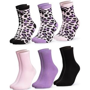 Occulto - Leonie - Dames Sokken - Roze mix - Pak van 6 - Luipaardprint