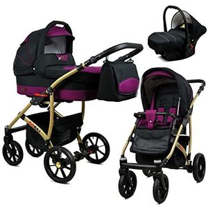 Lux4Kids Kinderwagenset, eenvoudige bediening, inklapbaar, lekvrij, GoLux Gold by Black Purple 07 3-in-1 met babyzitje