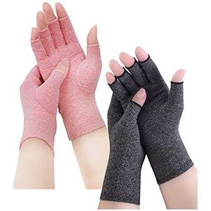 AovYoo 2 paar artrose handschoenen vingerloze handschoenen, reuma compressiehandschoenen, artriti gaming handschoenen, reumatische pijnverlichting, RSI, carpaal tunnelsyndroom, grijs + roze, L