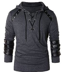 Heren Gothic Steampunk Trekkoord Vetersluiting Hoodie Middeleeuwse Ridder Lange Mouw Stiksels Lederen Armor Sweatshirt Trui Zwart (M, Grijs), Grijs, M