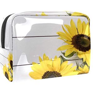 Draagbare make-up tas met rits reizen toilettas voor vrouwen handige opslag cosmetische zakje gele zonnebloemen houten