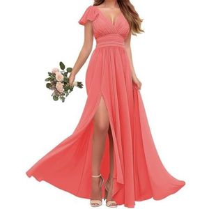 Chiffon bruidsmeisjes jurken met mouw - V-hals Empire taille plooi formele jurk, Koraal, 34