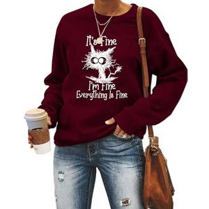 MLZHAN It's Fine I'm Fine Everything Is Fine Dames Sweatshirt Grappig Explosief Haar Kat Print Shirts Lange Mouw Truien Top, Wijn Rood, XXL