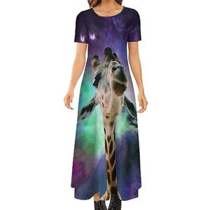 Ruimte giraffen dames zomer casual korte mouwen maxi-jurk ronde hals bedrukte lange jurken 7XL