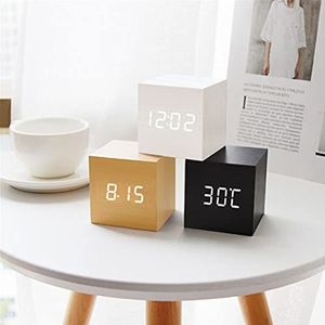 Digitale houten wekker, LED temperatuur elektronische spraakbesturing tafelklokken, controle snooze functie desktop tafel decoratie (zwart)