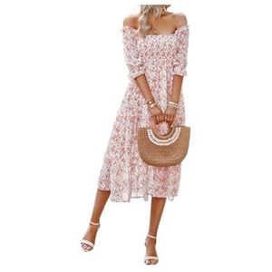 Halve mouw vierkante hals bloemen midi-jurken uitlopende vloeiende chiffon maxi-jurk, casual vakantie swing midi-lange zonnejurk, roze, M